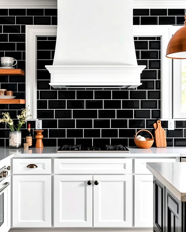 black subway tiles with white borders backsplash