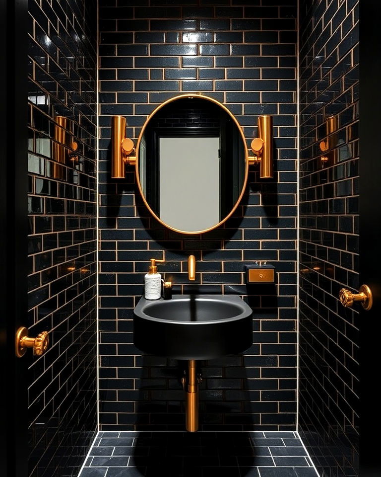 black tiles with gold grout powder room