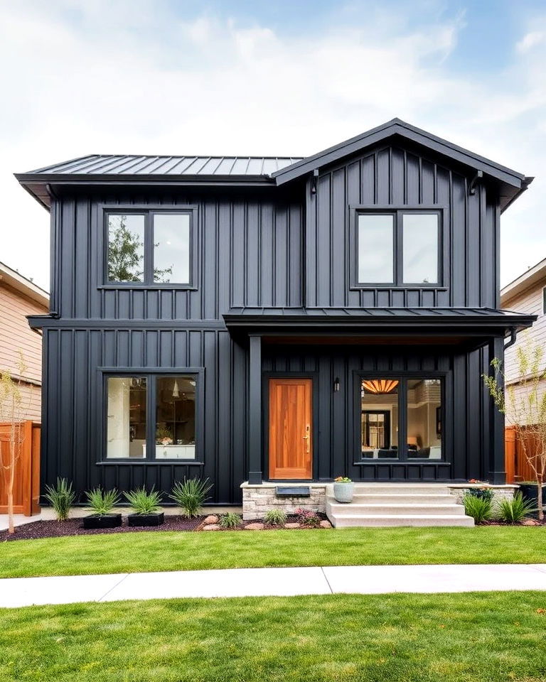black vertical metal siding exterior house