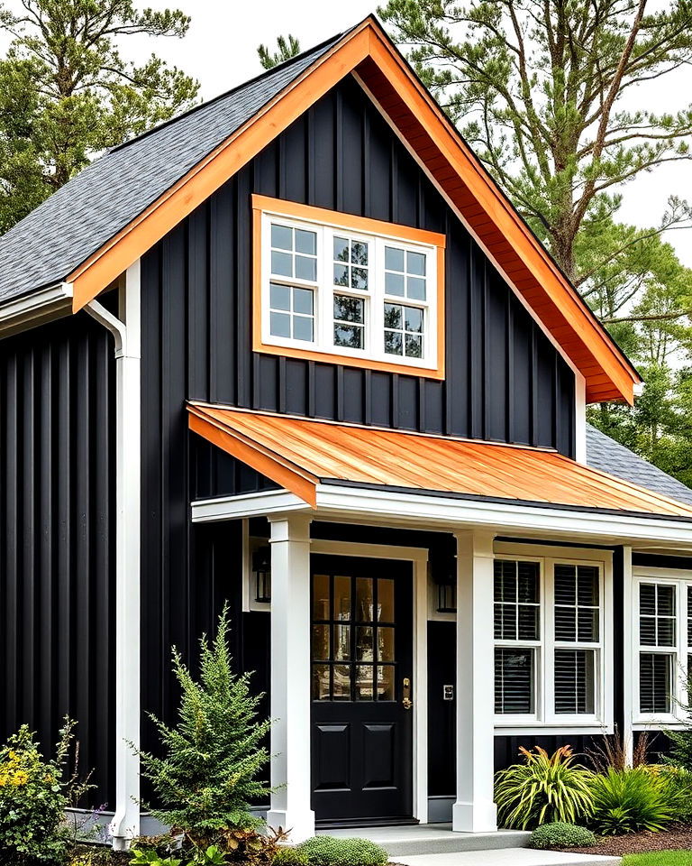 black vertical siding with cedar fascia boards