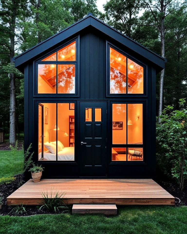 black windows in tiny modern house