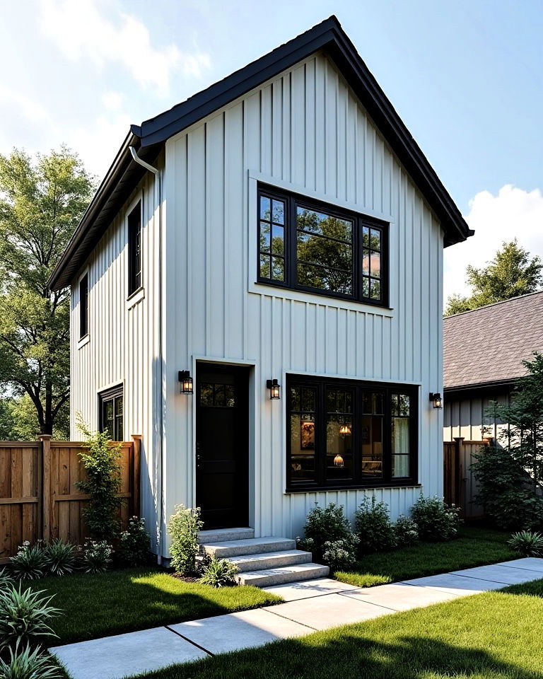 black windows with vertical siding house