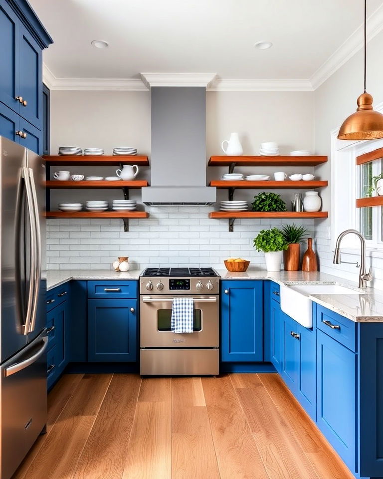 blue and white kitchen cabinets with open shelving