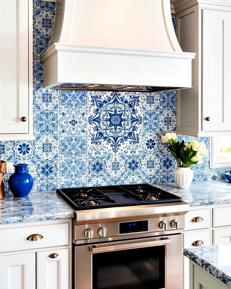 blue and white mosaic backsplash for a striking kitchen
