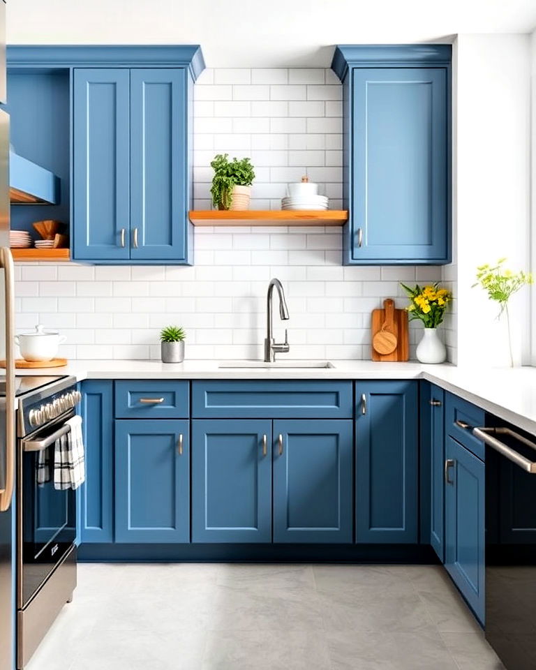 blue bottom kitchen cabinets with white tile backsplash