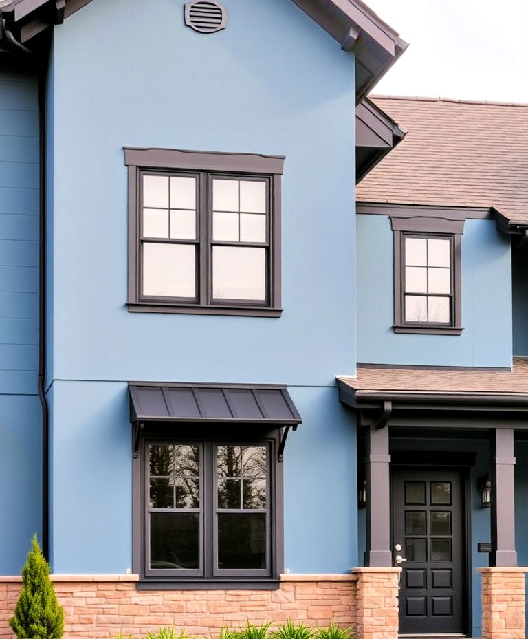 blue gray house with matte black touches