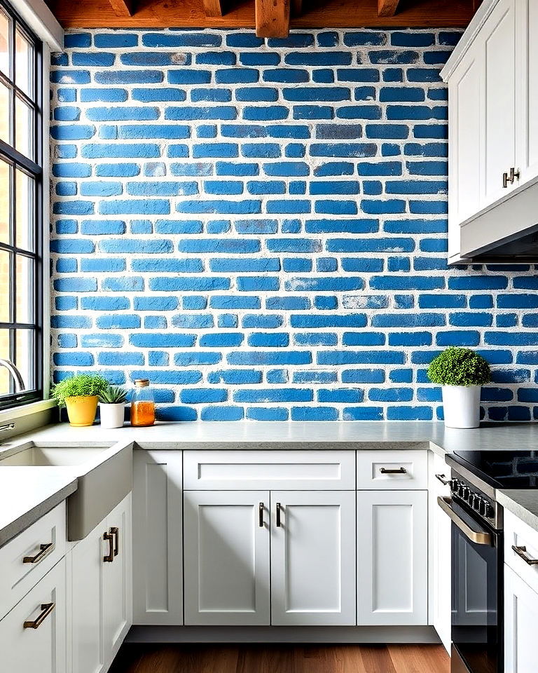 blue painted exposed brick walls for industrial kitchens