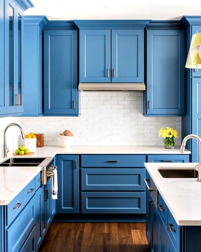 blue shaker style kitchen cabinets with white quartz counters