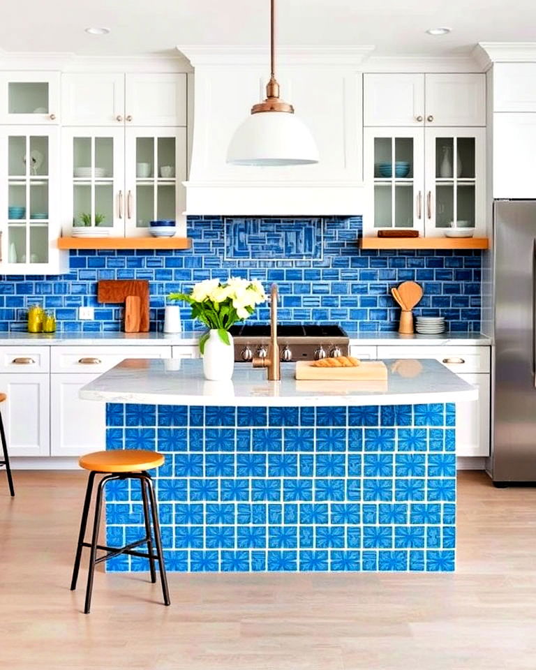 blue tiled island as a bold kitchen statement