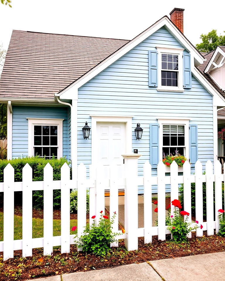 blue with white picket fence