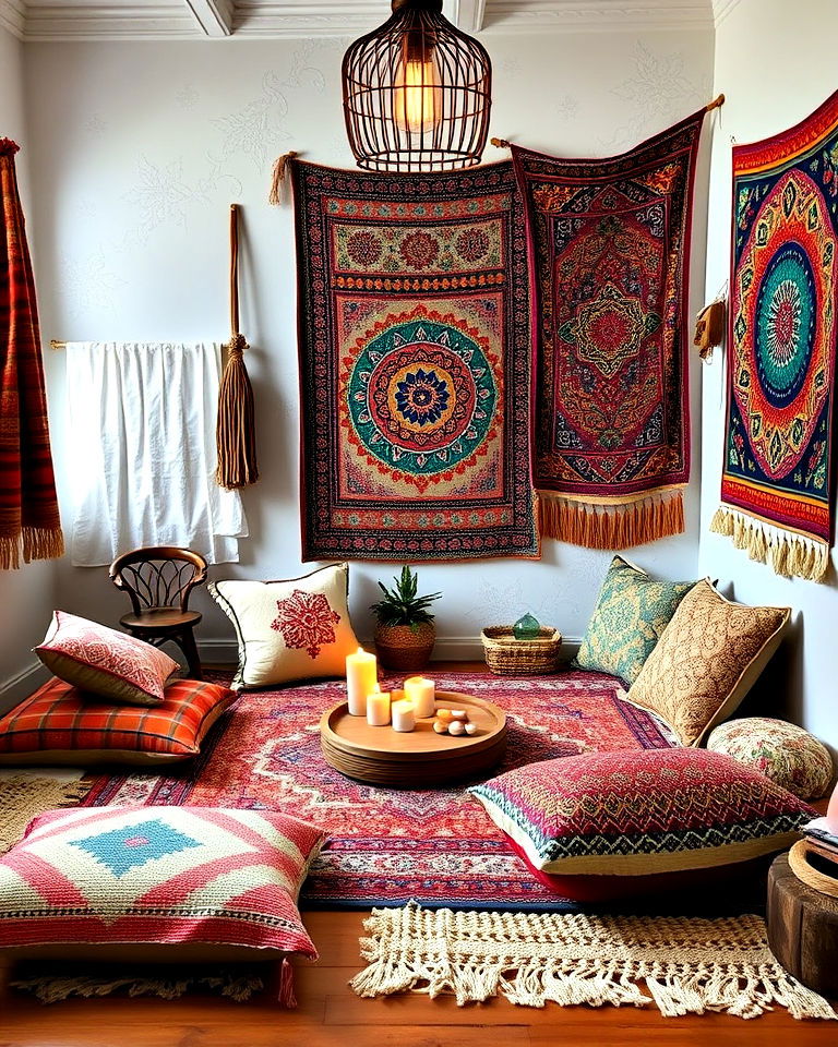 bohemian inspired meditation space with tapestries