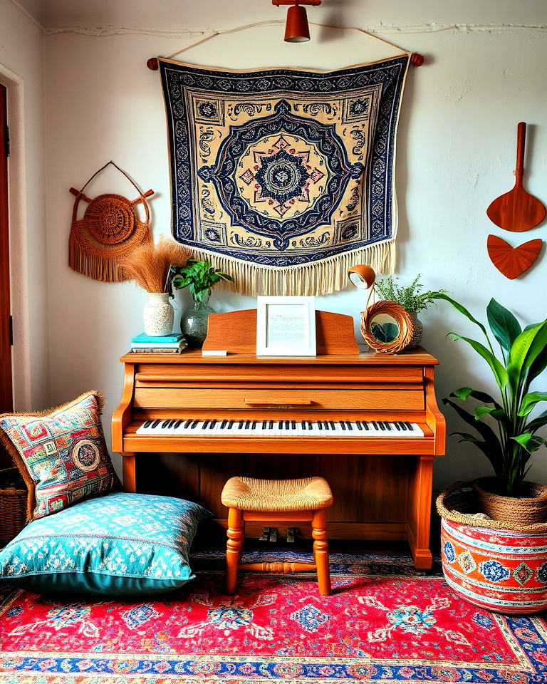 bohemian piano room decor