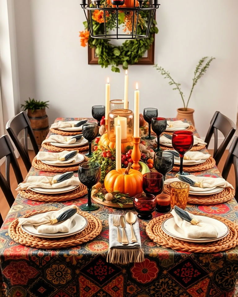 bohemian thanksgiving table with rich textures