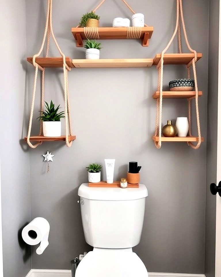 boho chic rope hanging shelves above the toilet