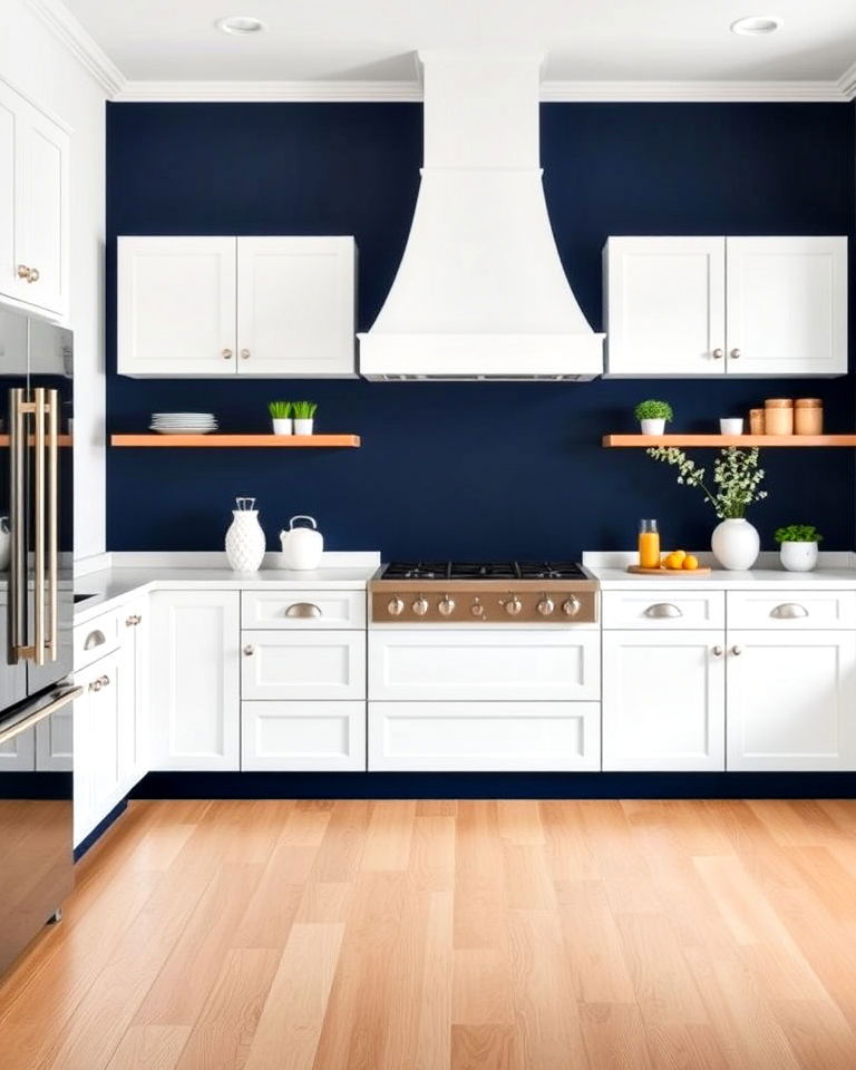bold and elegant navy blue kitchen accent wall
