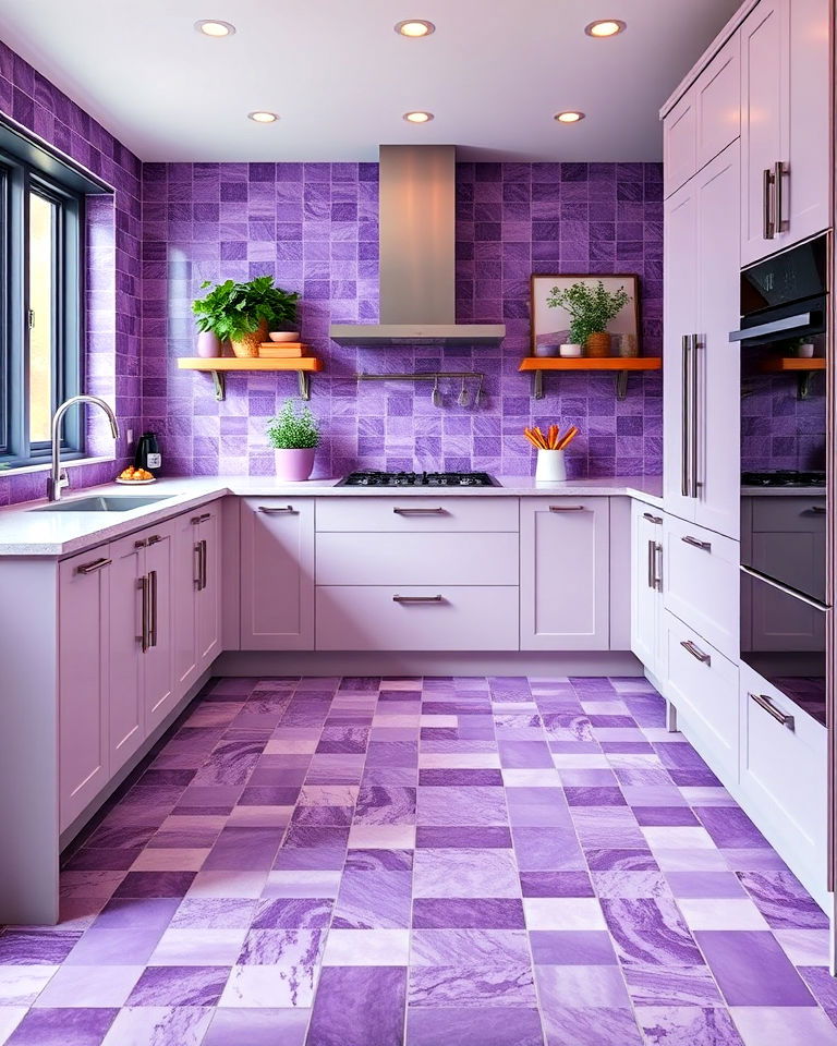 bold artistic mixed purple tile kitchen flooring