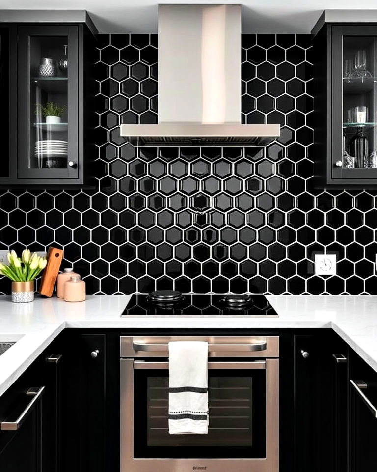 bold black hexagonal tiles backsplash with white grout