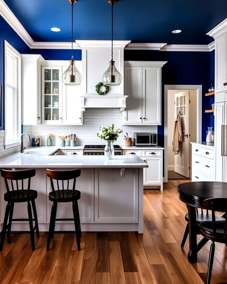 bold blue kitchen walls with white cabinets