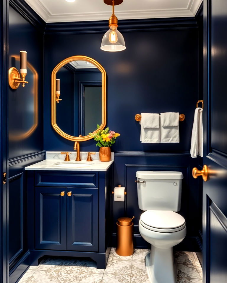 bold navy walls with gold accents