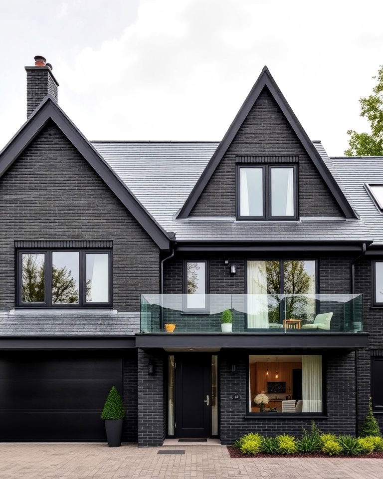 bold roofline statement black brick exterior house