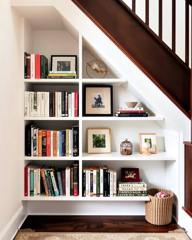 bookshelf display under stair
