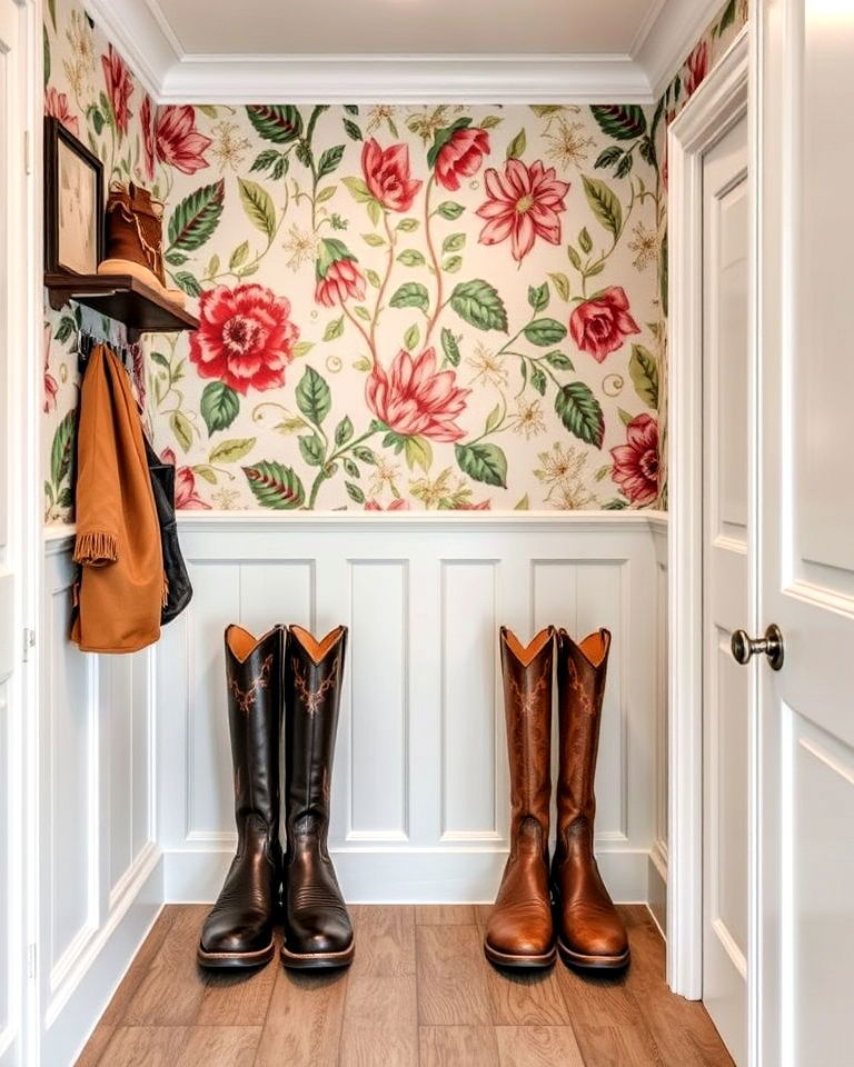 boot room with accent wallpaper
