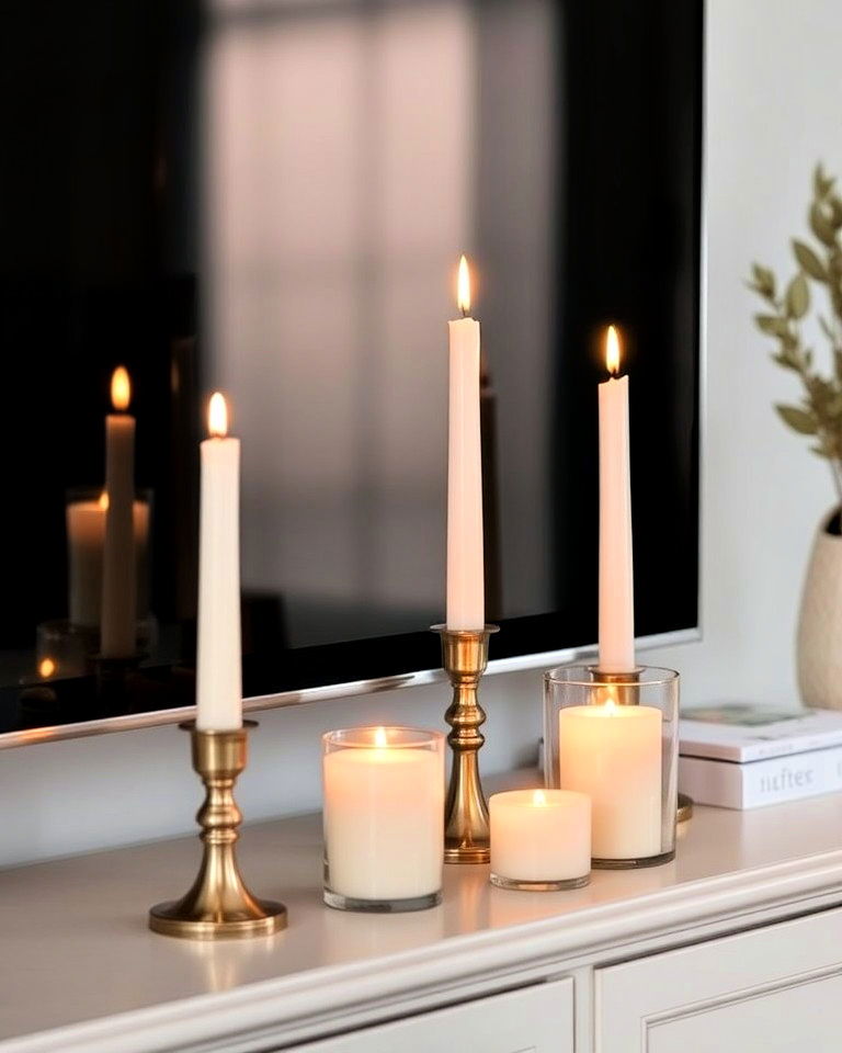 brass candlesticks for a layered tv console look