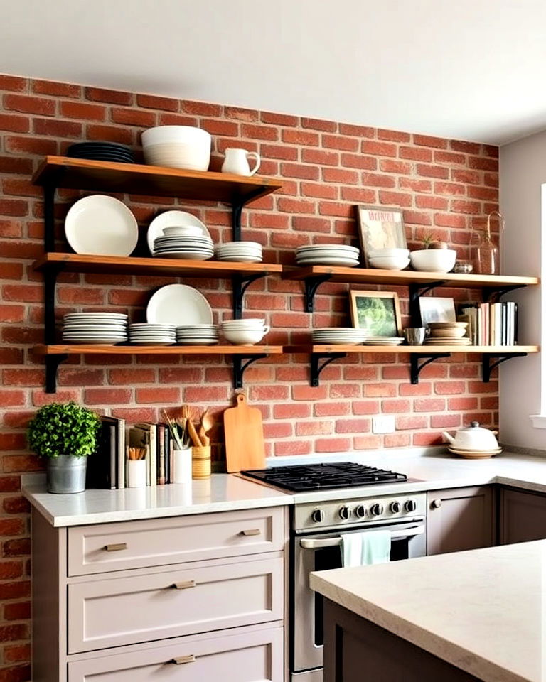 brick accent wall with open shelving in smaller kitchen