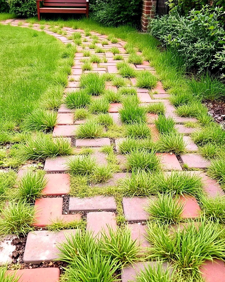 brick path with grass growing between the bricks