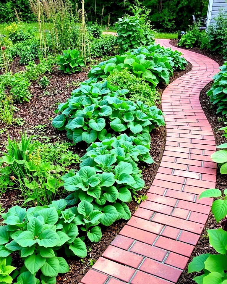 brick pathway through vegetable garden