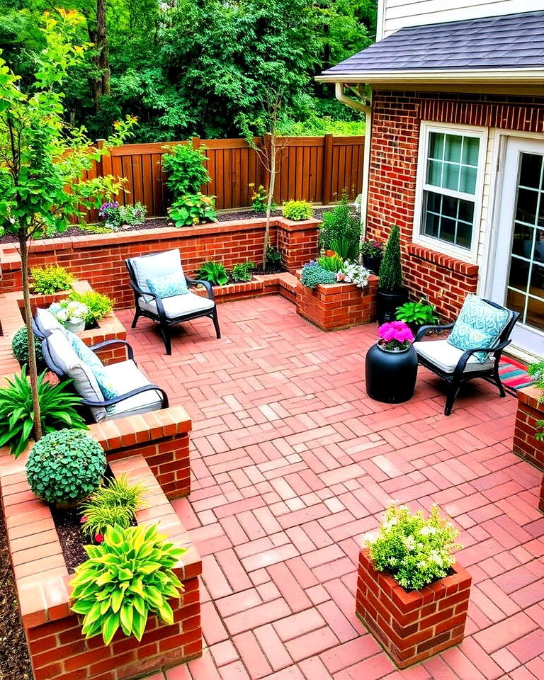 brick patio with built in planters