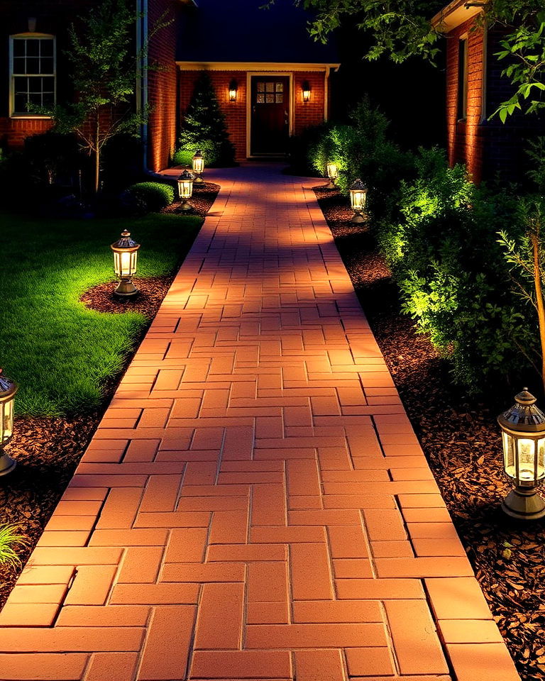 brick walkway with accent lighting