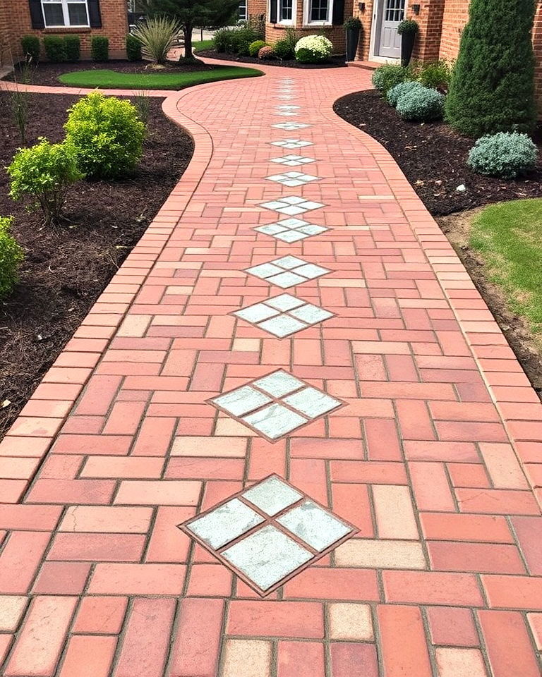 brick walkway with inlaid stone design