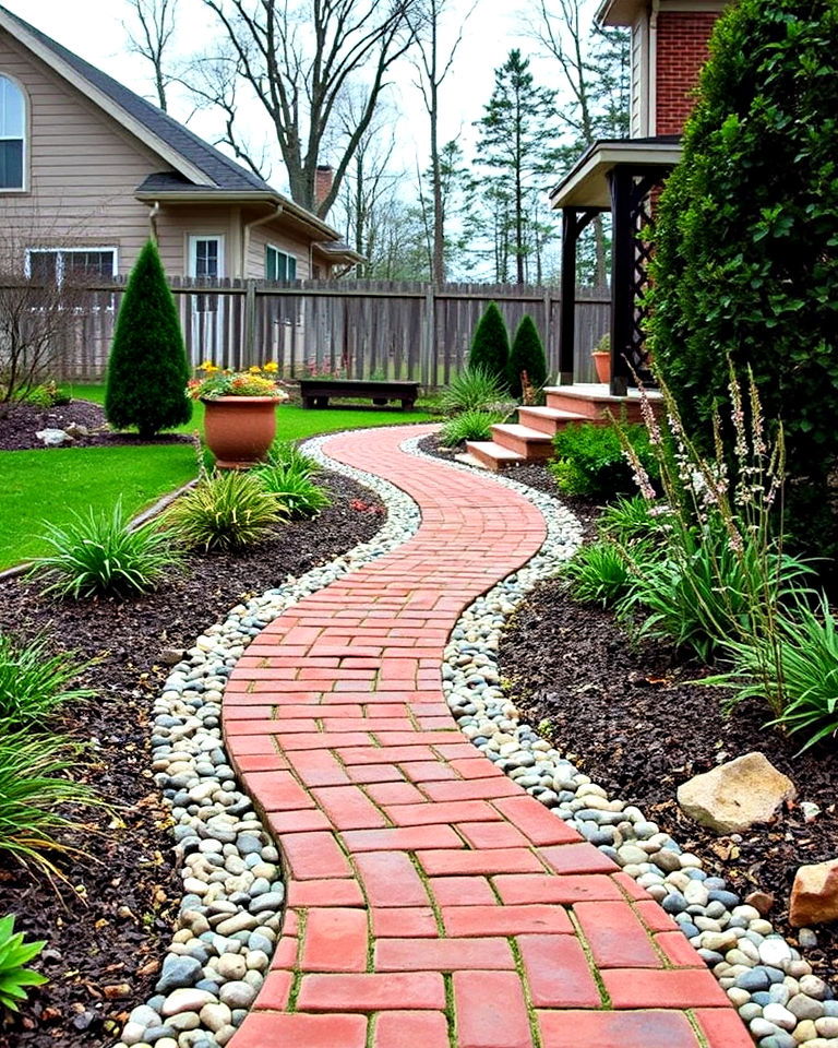 brick walkway with pebble mosaic border