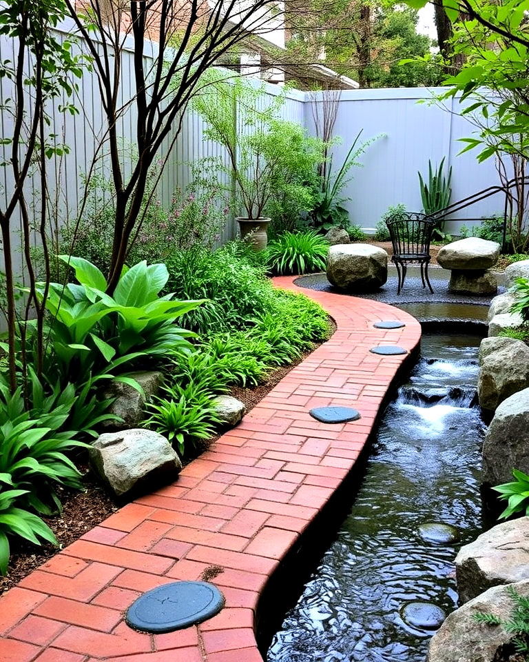 brick walkway with water feature border