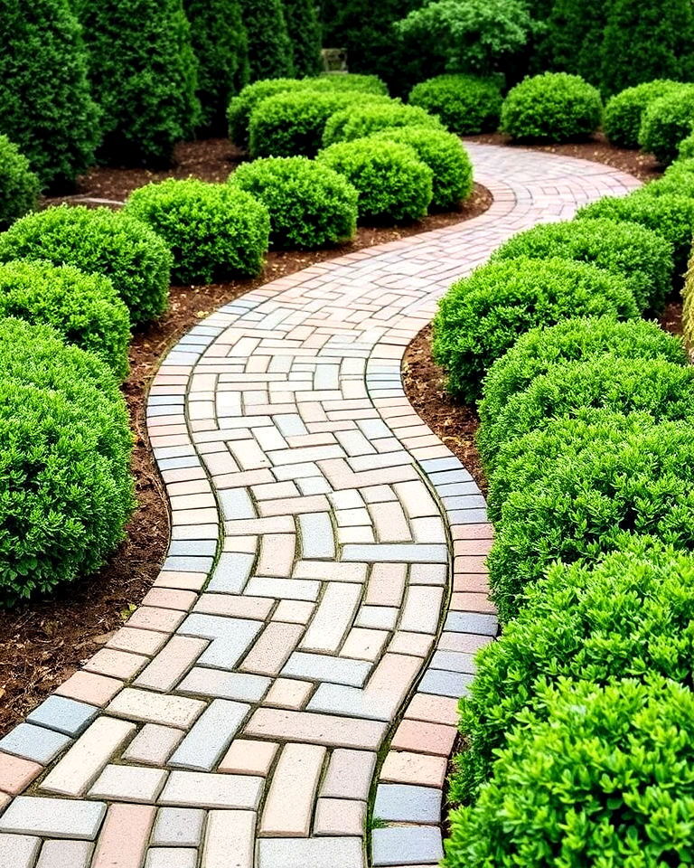 brick walkway with winding path and shrub borders