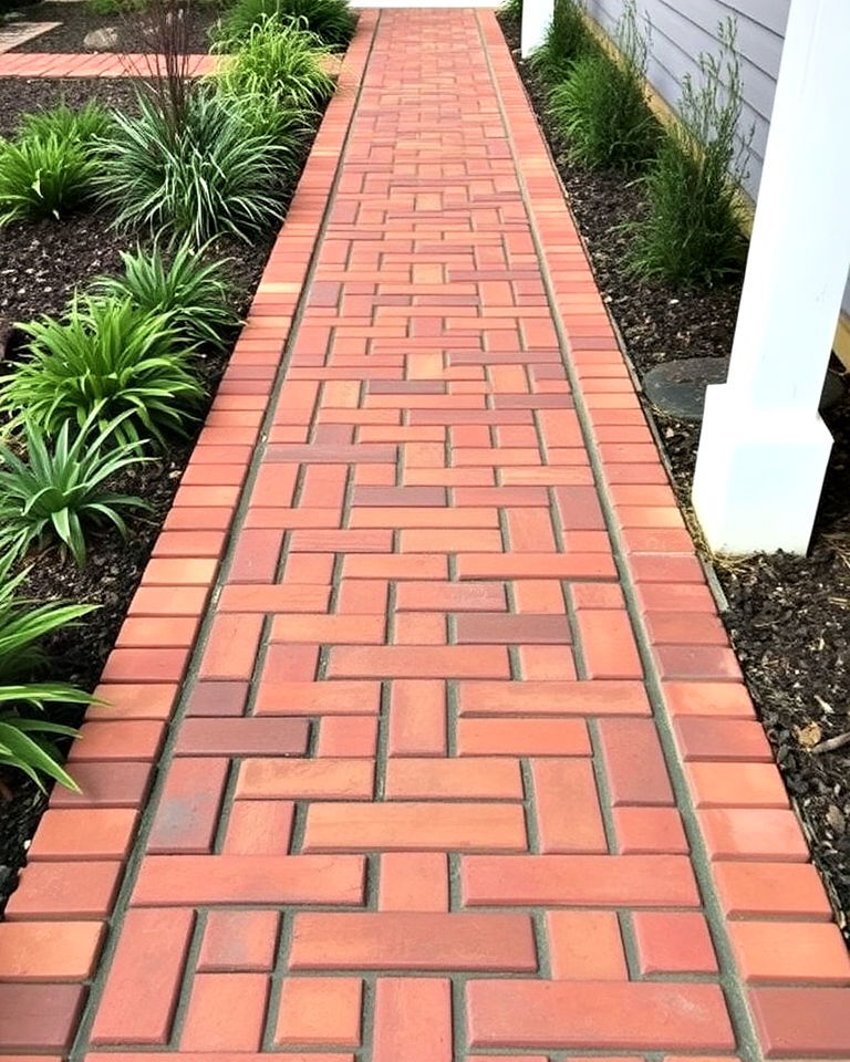 brick walkway with wood plank inserts