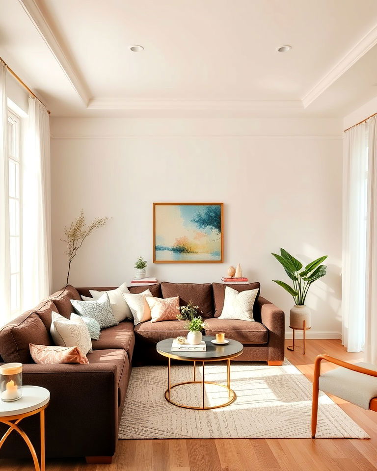 bright and airy brown couch living room