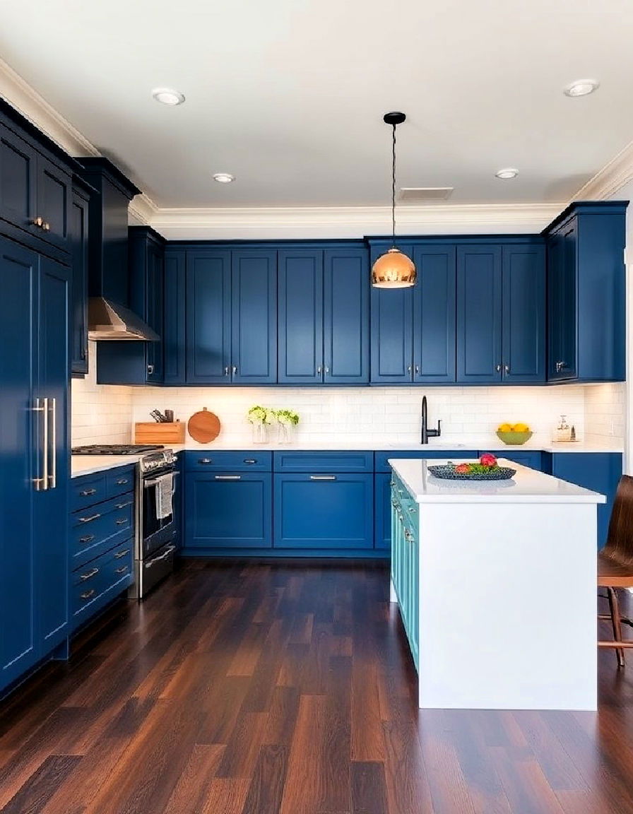 bright pops of color with dark wood flooring for kitchen