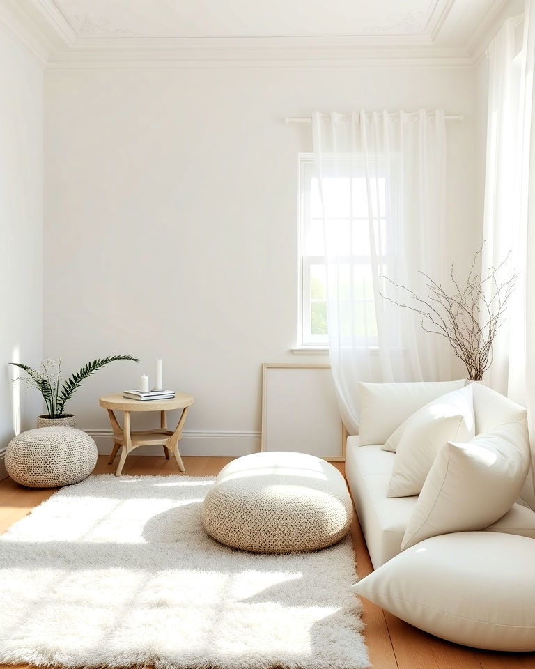 bright yet tranquil white meditation space