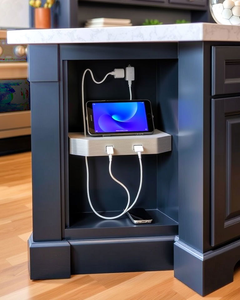 built in charging station with kitchen island
