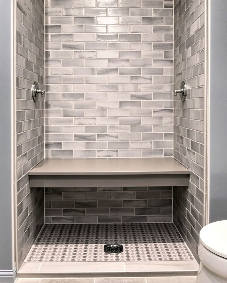 built in gray shower bench for the bathroom