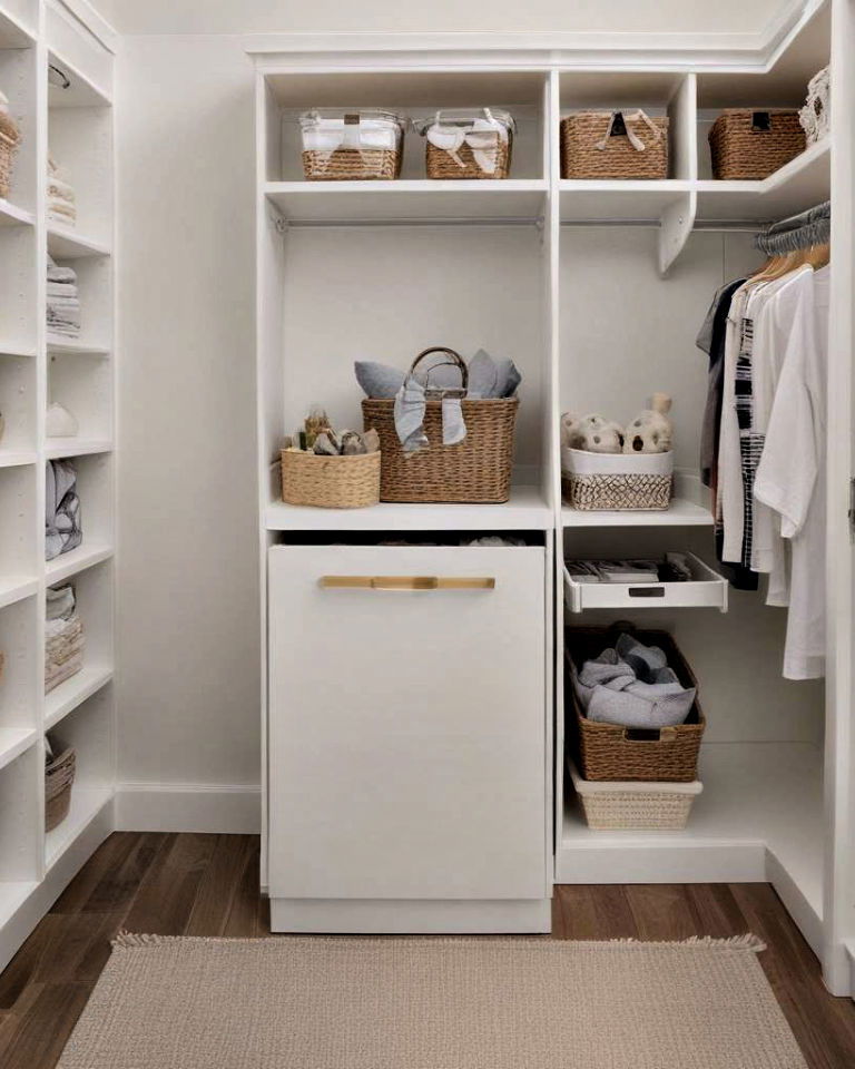 built in laundry hamper in the nursery closet