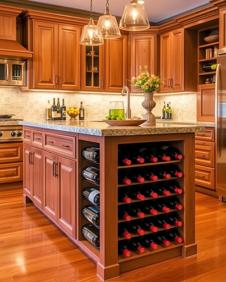 built in wine rack within the kitchen island