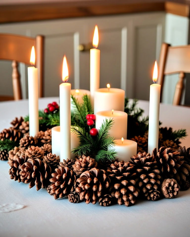 candle and pinecone arrangement