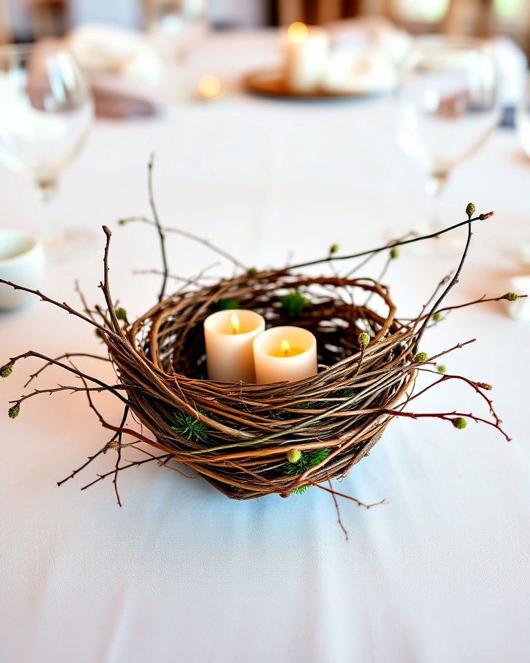 candlelit bird’s nest centerpiece