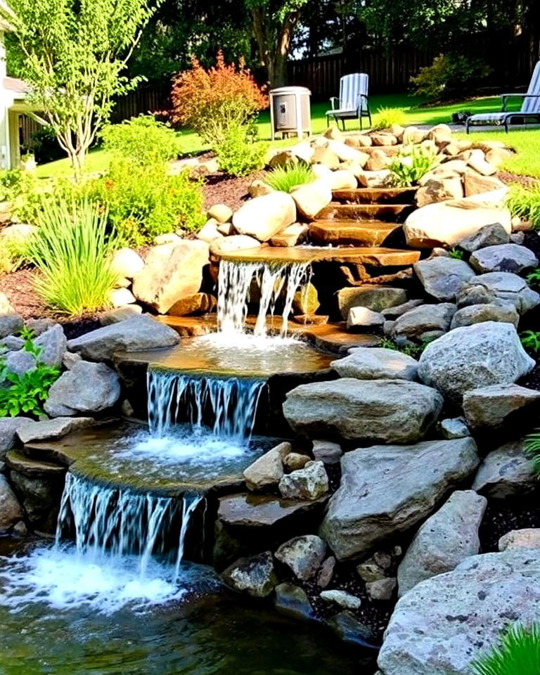 cascading waterfall feature for sloped backyard