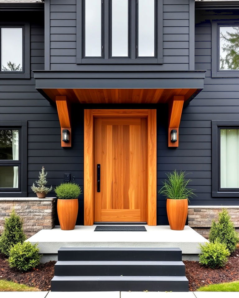 cedar accent doors on a black contemporary home