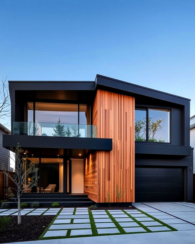 cedar accent wall on a black cantilevered structure