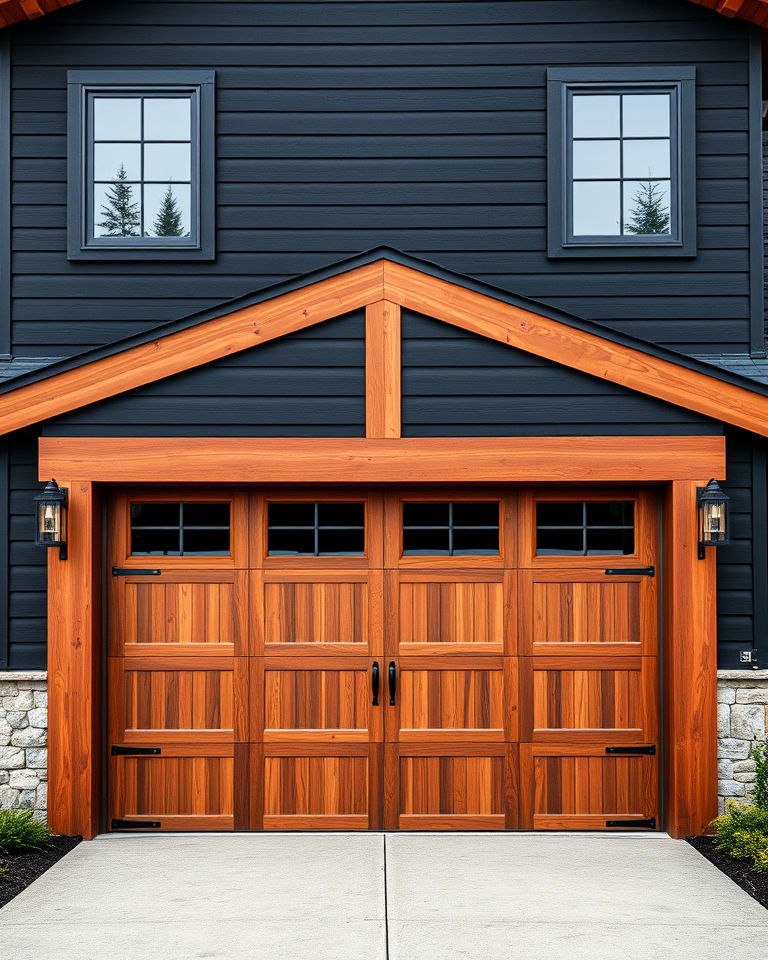 cedar framed garage doors on a black exterior